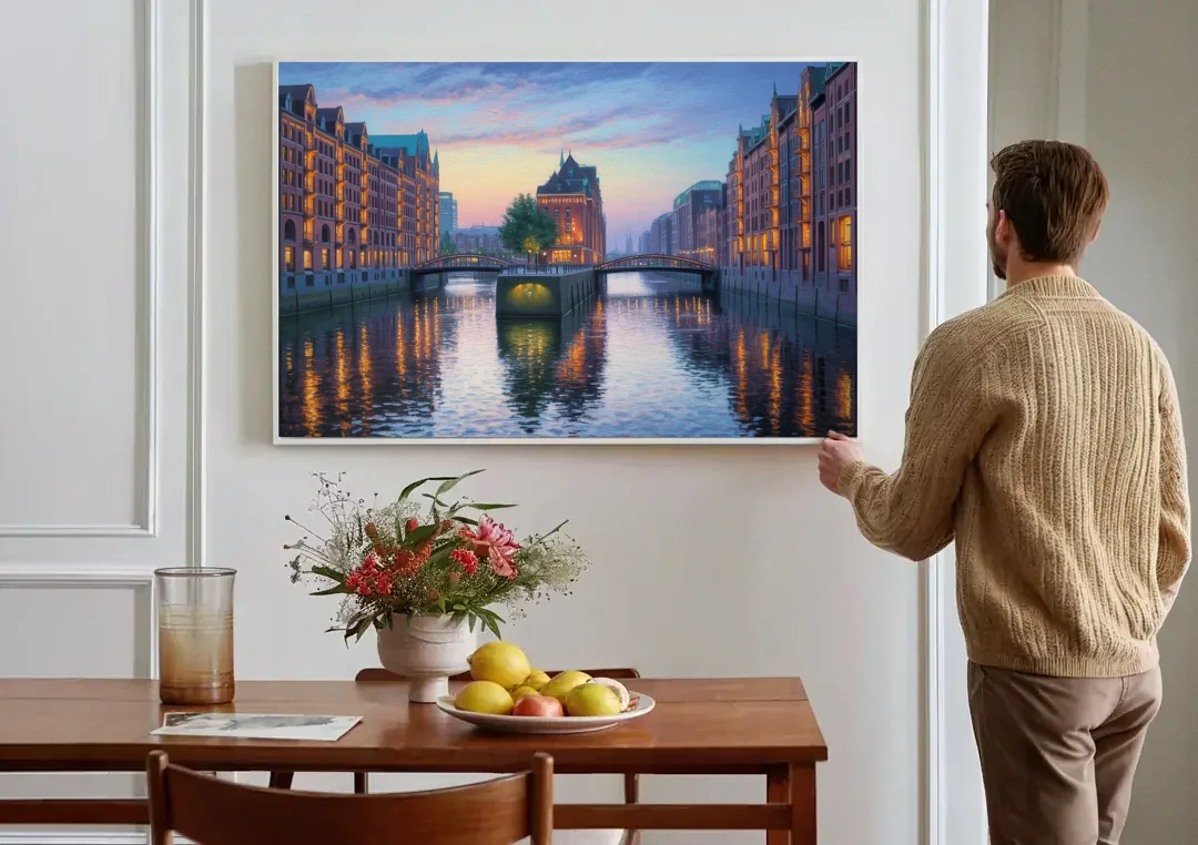 Speicherstadt Dreams canvas wall art above a dining table