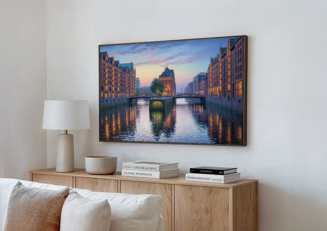 Speicherstadt Dreams canvas wall art above a wooden sideboard next to a sofa