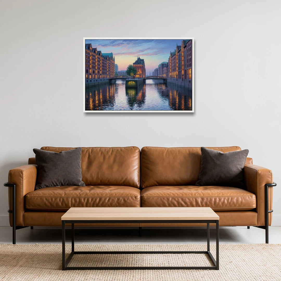 Speicherstadt Dreams - White Framed Canvas Wall Art - Sofa - 36x24