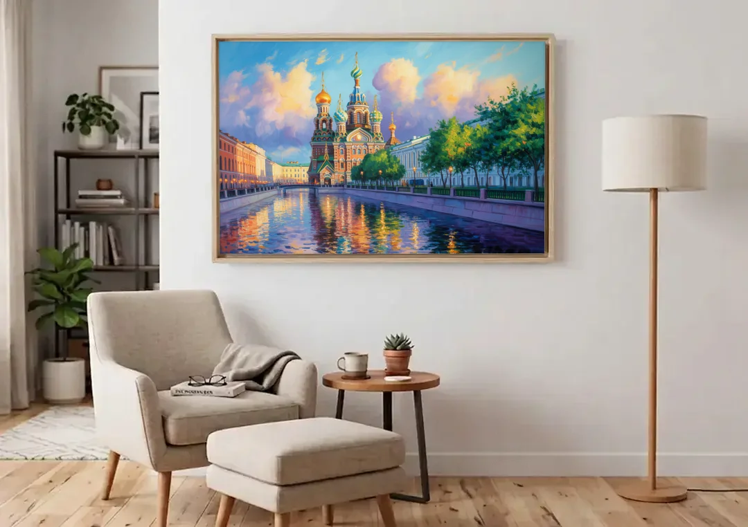 Spilled Blood Splendor canvas wall art above an armchair in a bright living room