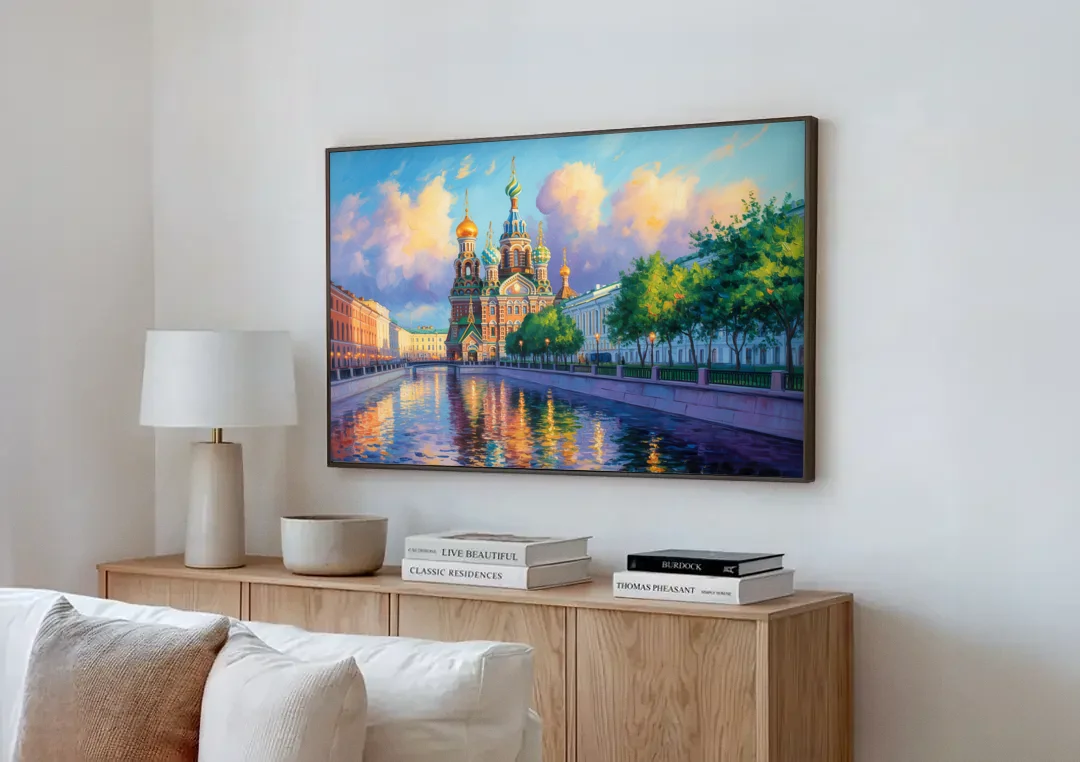 Spilled Blood Splendor canvas wall art above a wooden sideboard next to a sofa