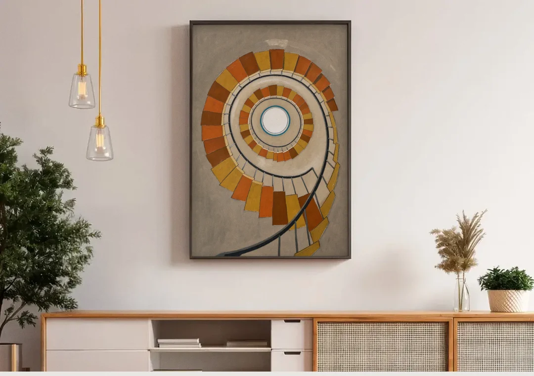 Spiral Staircase Art Rising to a Round Skylight canvas wall art above a wooden sideboard under pendant lights