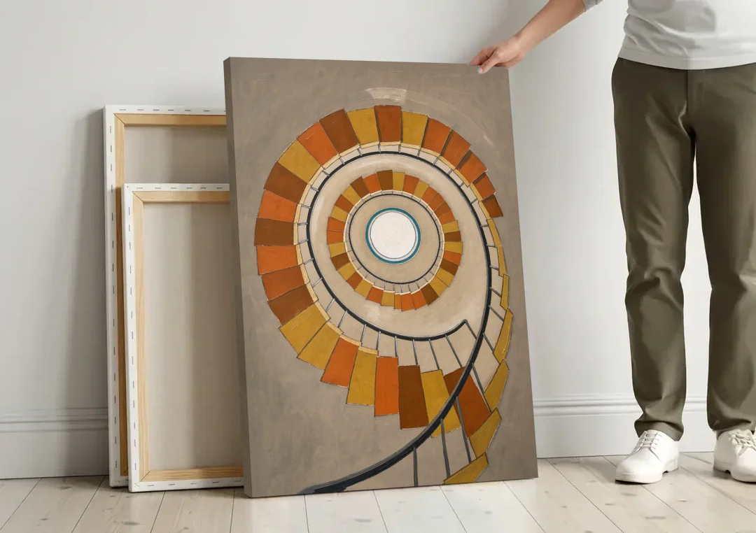 Spiral Staircase Art Rising to a Round Skylight canvas wall art leaning against a wall next to blank canvases