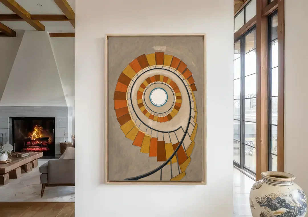 Spiral Staircase Art Rising to a Round Skylight canvas wall art in a living room with a fireplace