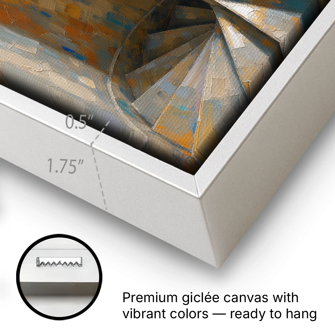 Spiral Staircase Painting in a Stone Tower - White Framed Canvas Wall Art - Gallery Wrap Corner