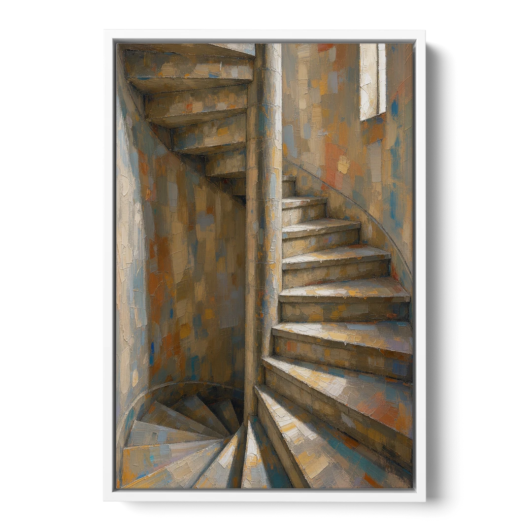 Spiral Staircase Painting in a Stone Tower - White Framed Canvas Wall Art - Front