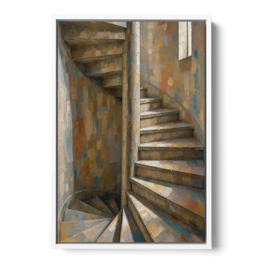 Spiral Staircase Painting in a Stone Tower - White Framed Canvas Wall Art - Front