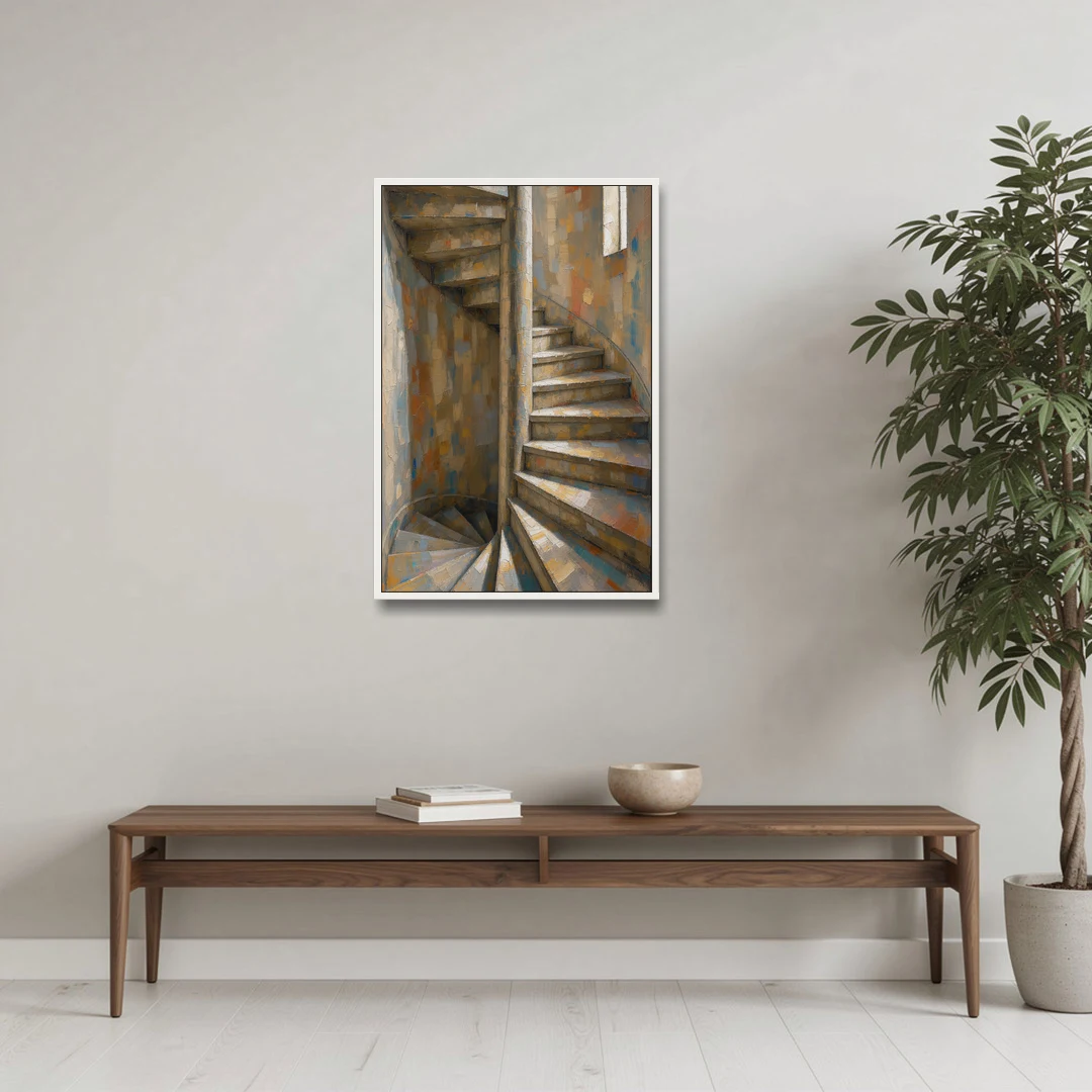 Spiral Staircase Painting in a Stone Tower - White Framed Canvas Wall Art - Coffee Table - 24x36