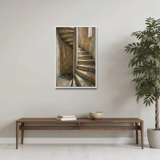 Spiral Staircase Painting in a Stone Tower - White Framed Canvas Wall Art - Coffee Table - 24x36
