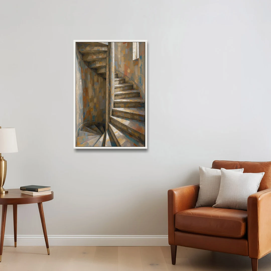 Spiral Staircase Painting in a Stone Tower - White Framed Canvas Wall Art - Sofa - 24x36
