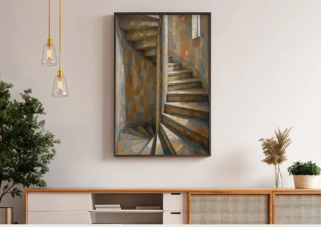 Spiral Staircase Painting in a Stone Tower canvas wall art above a wooden sideboard under pendant lights