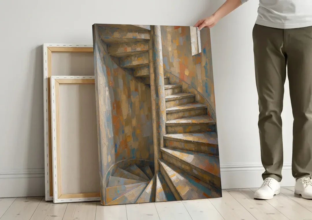Spiral Staircase Painting in a Stone Tower canvas wall art leaning against a wall next to blank canvases