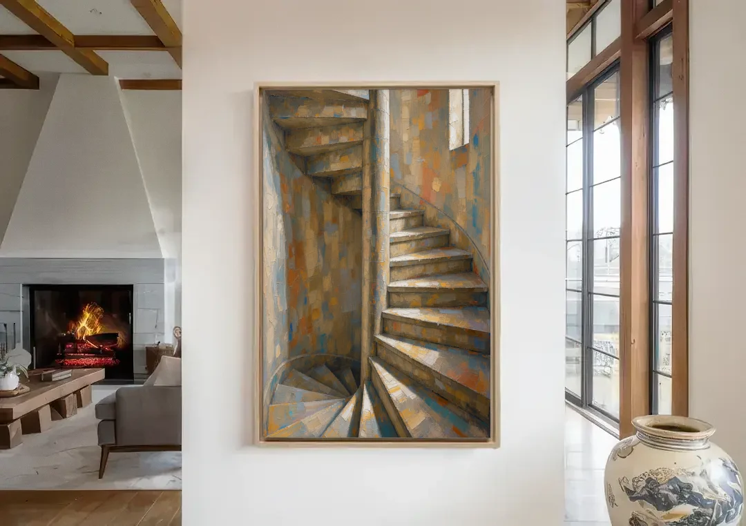 Spiral Staircase Painting in a Stone Tower canvas wall art in a living room with a fireplace