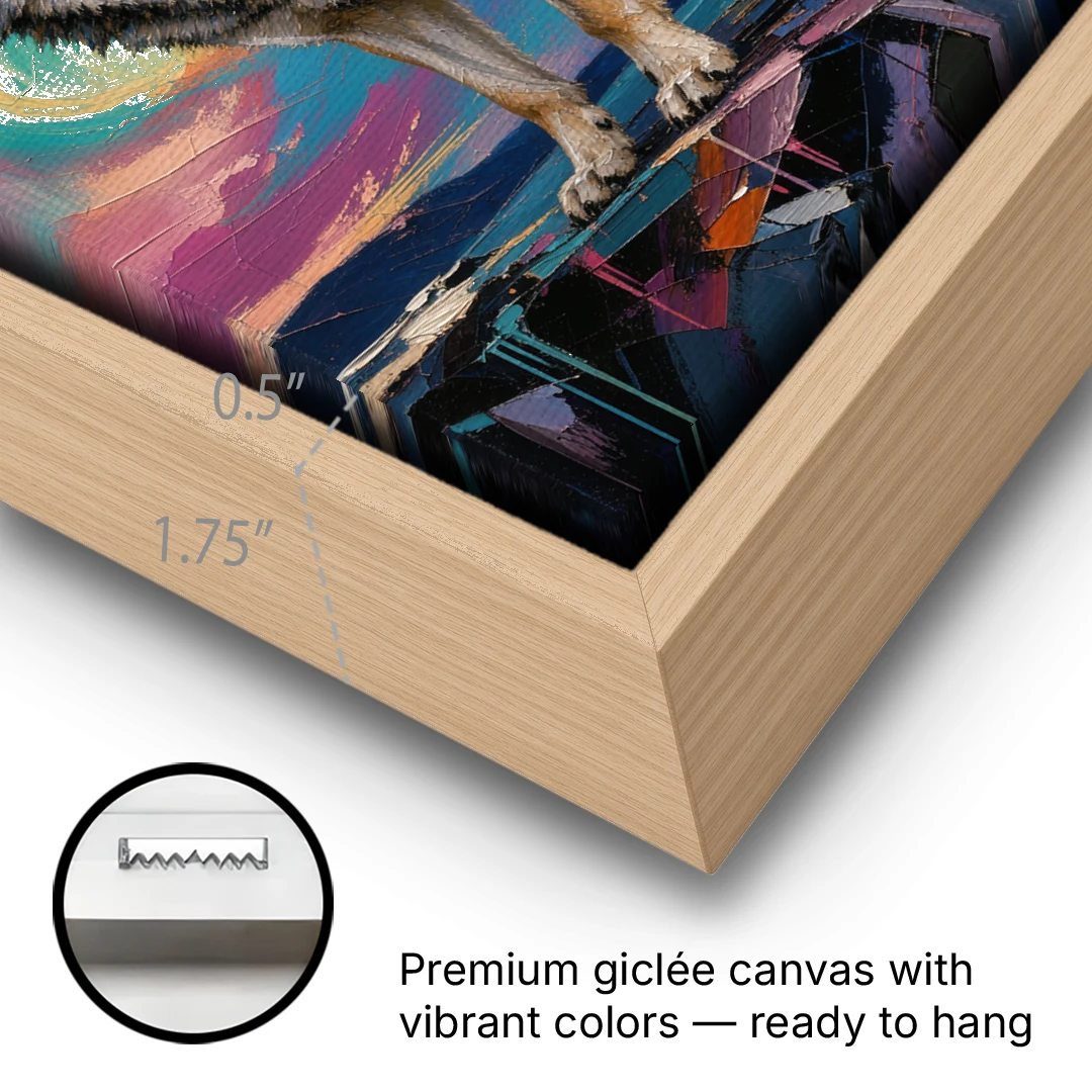 Spirit Wolf Painting Under the Aurora - Oak Framed Canvas Wall Art - Gallery Wrap Corner