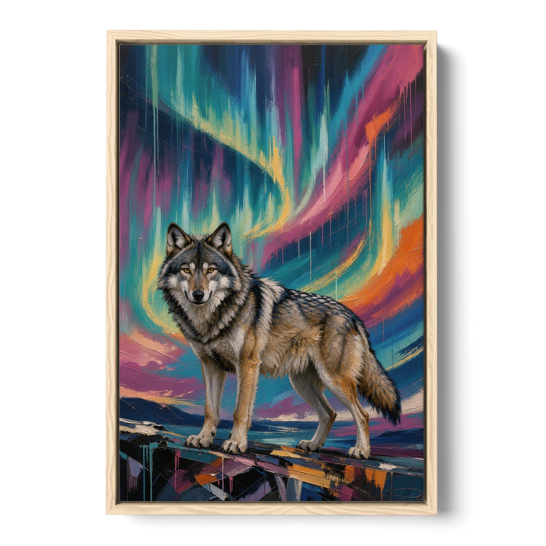 Spirit Wolf Painting Under the Aurora - Oak Framed Canvas Wall Art - Front