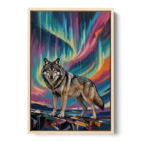 Spirit Wolf Painting Under the Aurora - Oak Framed Canvas Wall Art - Front