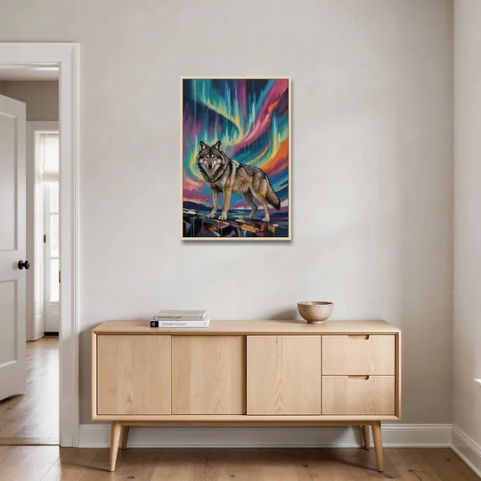 Spirit Wolf Painting Under the Aurora - Oak Framed Canvas Wall Art - Coffee Table - 24x36