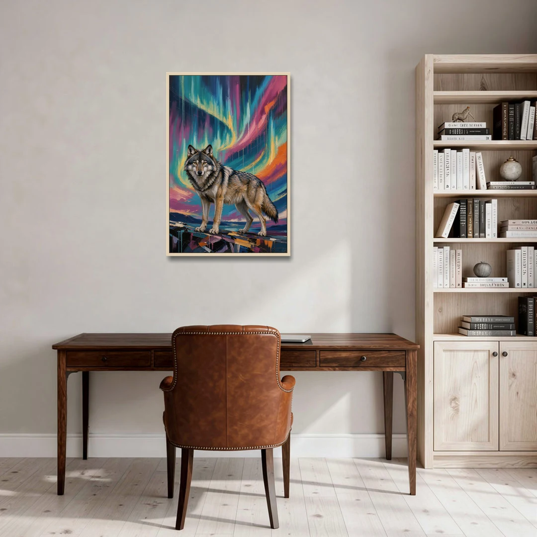 Spirit Wolf Painting Under the Aurora - Oak Framed Canvas Wall Art - Office - 24x36