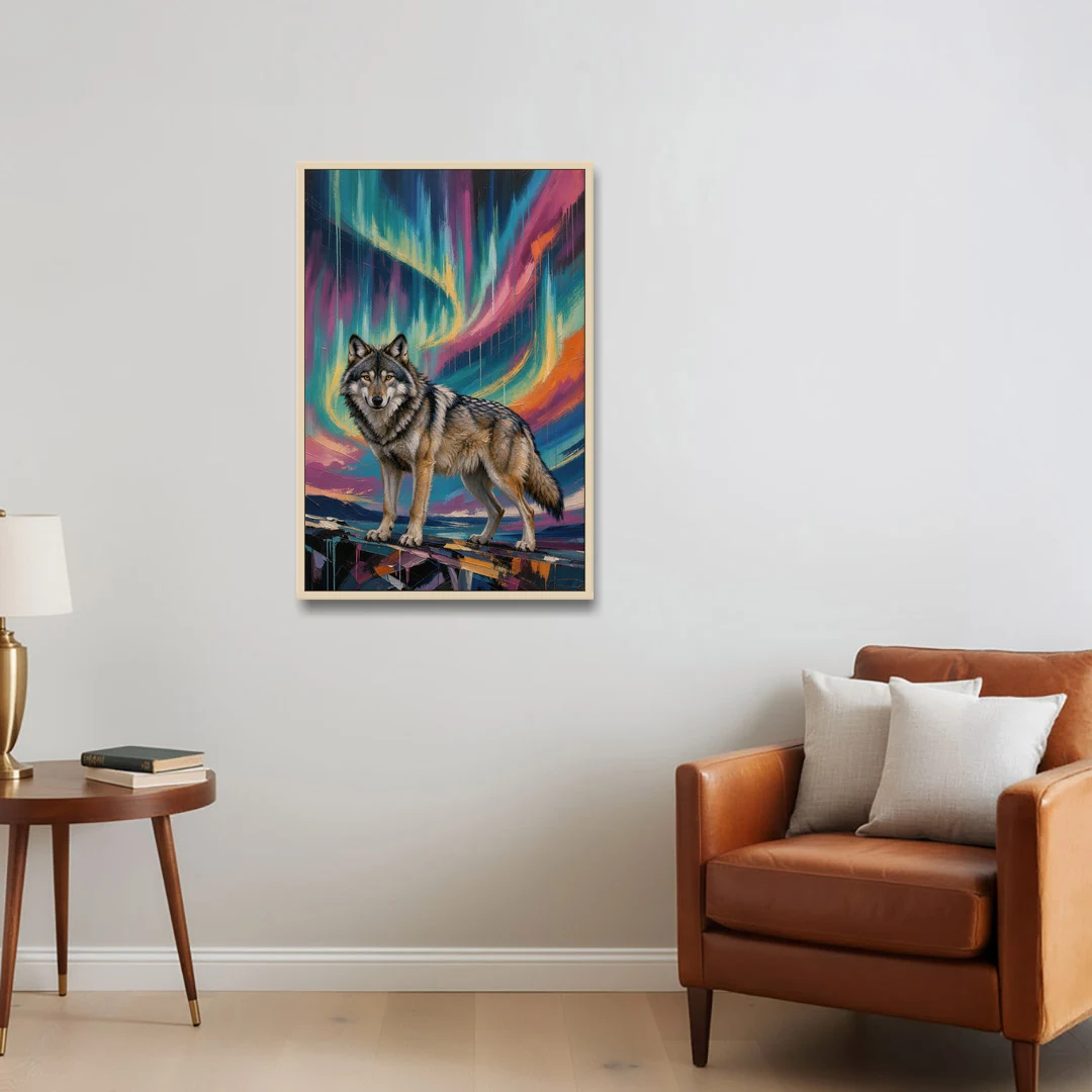 Spirit Wolf Painting Under the Aurora - Oak Framed Canvas Wall Art - Sofa - 24x36