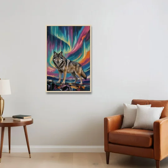 Spirit Wolf Painting Under the Aurora - Oak Framed Canvas Wall Art - Sofa - 24x36