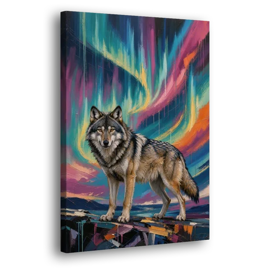 Spirit Wolf Painting Under the Aurora - Canvas Wall Art - Side