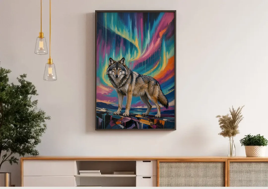 Spirit Wolf Painting Under the Aurora canvas wall art above a wooden sideboard under pendant lights