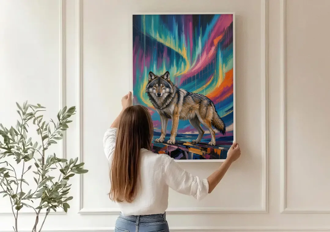 Spirit Wolf Painting Under the Aurora canvas wall art being hung on a paneled wall