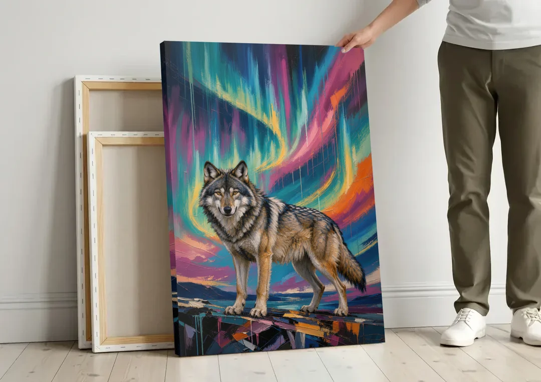Spirit Wolf Painting Under the Aurora canvas wall art leaning against a wall next to blank canvases