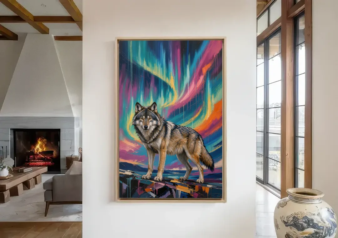 Spirit Wolf Painting Under the Aurora canvas wall art in a living room with a fireplace