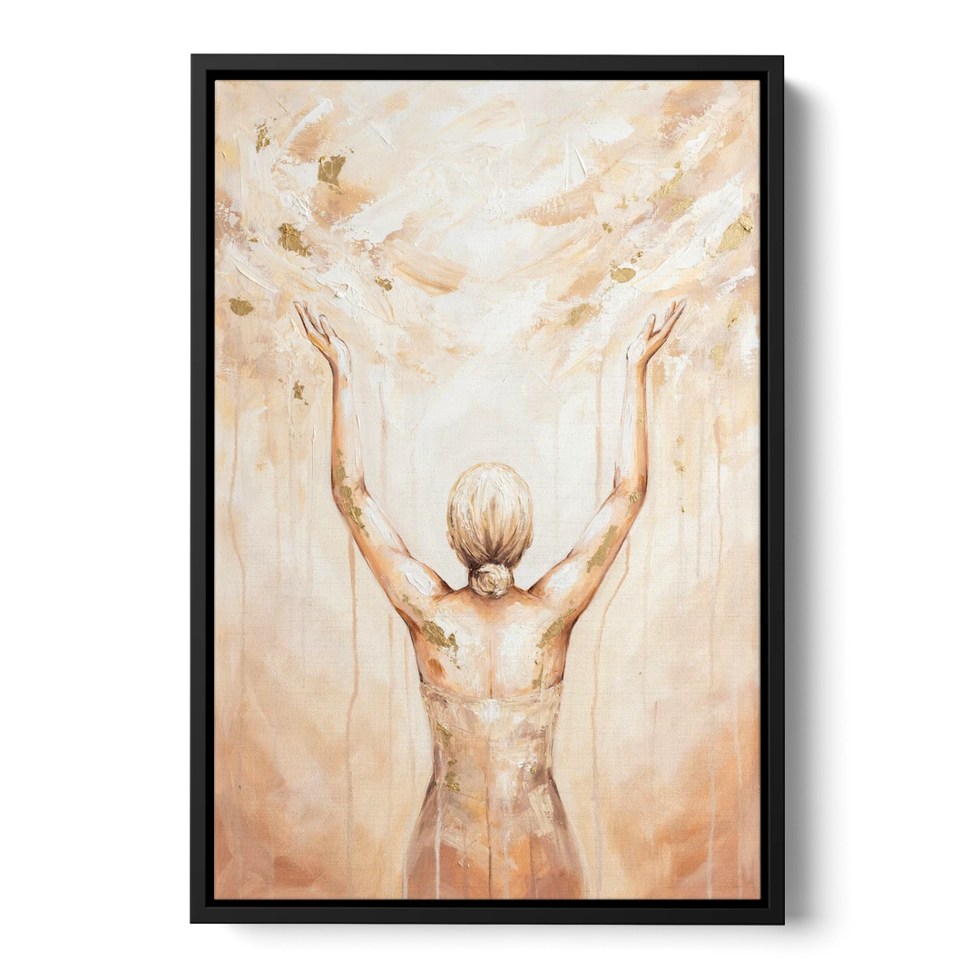 Spiritual Wall Art Sun Salutation in Ivory Light - Black Framed Canvas Wall Art - Front
