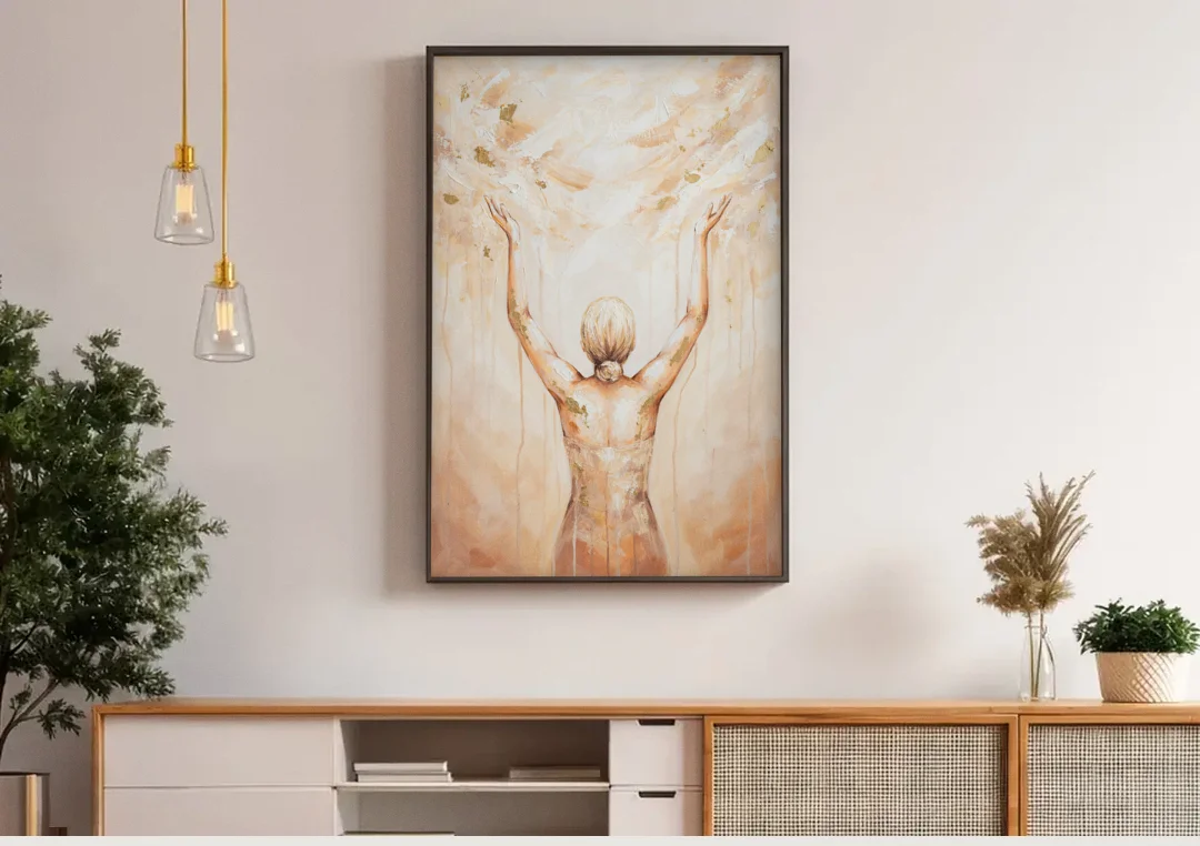 Spiritual Wall Art Sun Salutation in Ivory Light canvas wall art above a wooden sideboard under pendant lights