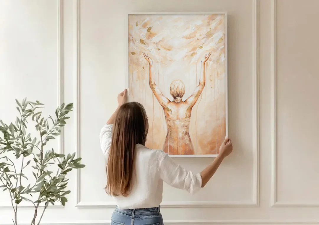 Spiritual Wall Art Sun Salutation in Ivory Light canvas wall art being hung on a paneled wall