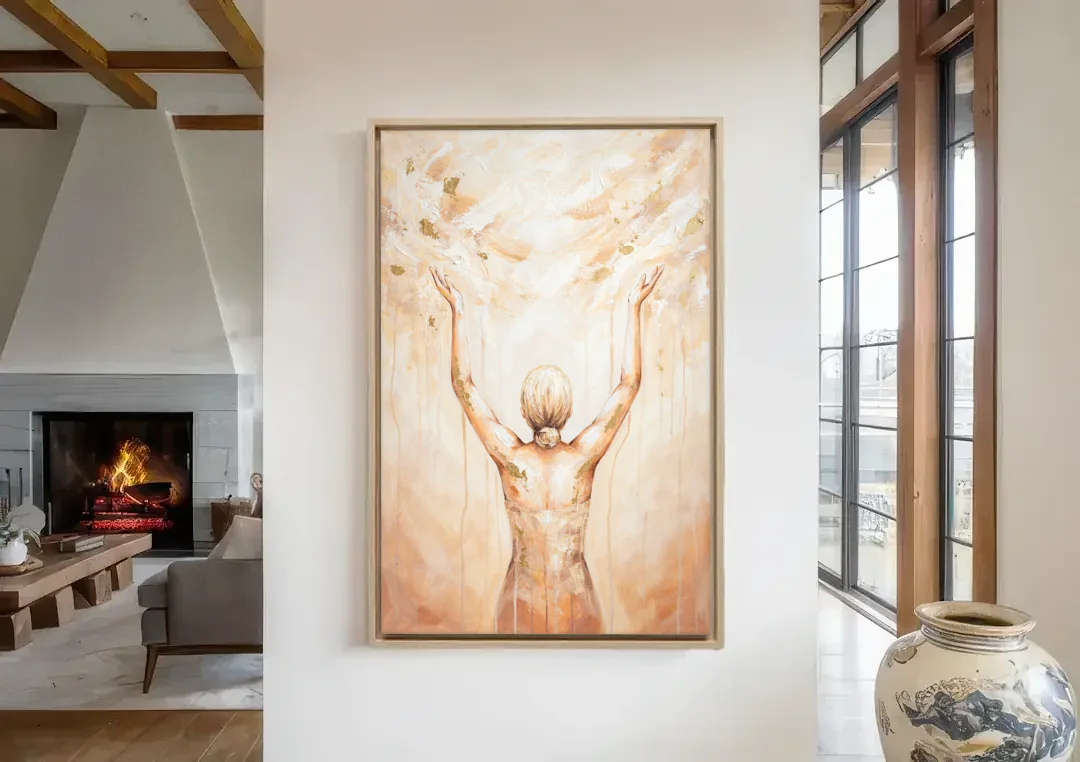 Spiritual Wall Art Sun Salutation in Ivory Light canvas wall art in a living room with a fireplace