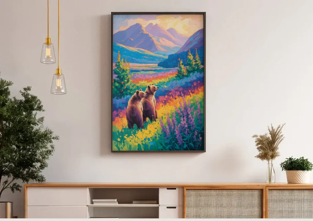 Splendid Bear Mountain Vista canvas wall art above a wooden sideboard under pendant lights