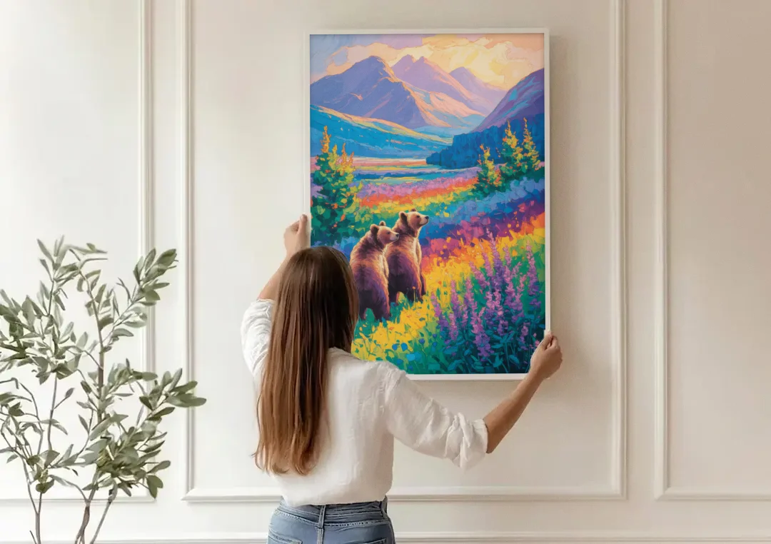Splendid Bear Mountain Vista canvas wall art being hung on a paneled wall