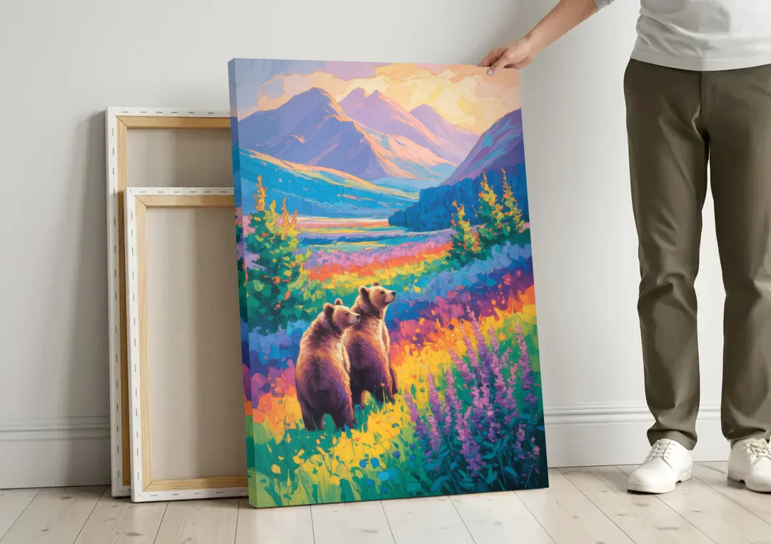 Splendid Bear Mountain Vista canvas wall art leaning against a wall next to blank canvases