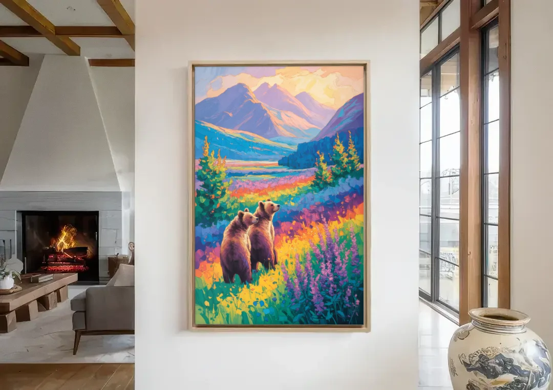 Splendid Bear Mountain Vista canvas wall art in a living room with a fireplace
