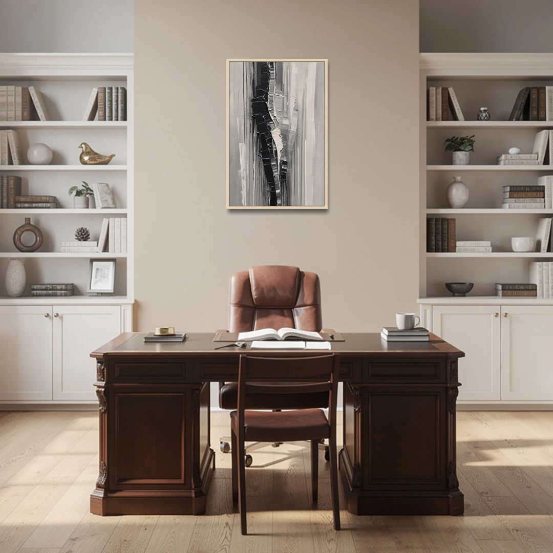 Split Black Column for a Men's Office - Oak Framed Canvas Wall Art - Office - 24x36