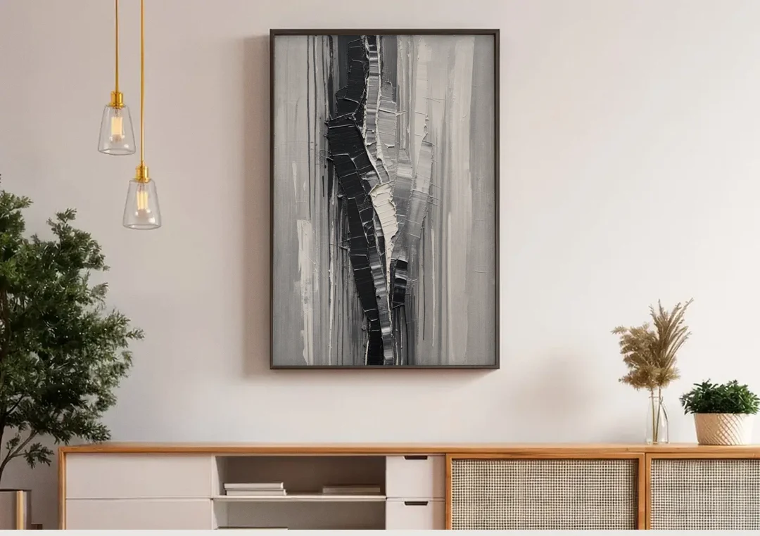 Split Black Column for a Men's Office canvas wall art above a wooden sideboard under pendant lights