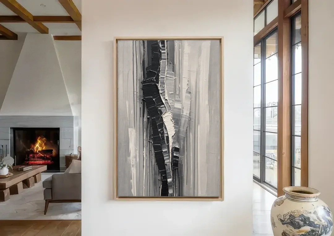 Split Black Column for a Men's Office canvas wall art in a living room with a fireplace