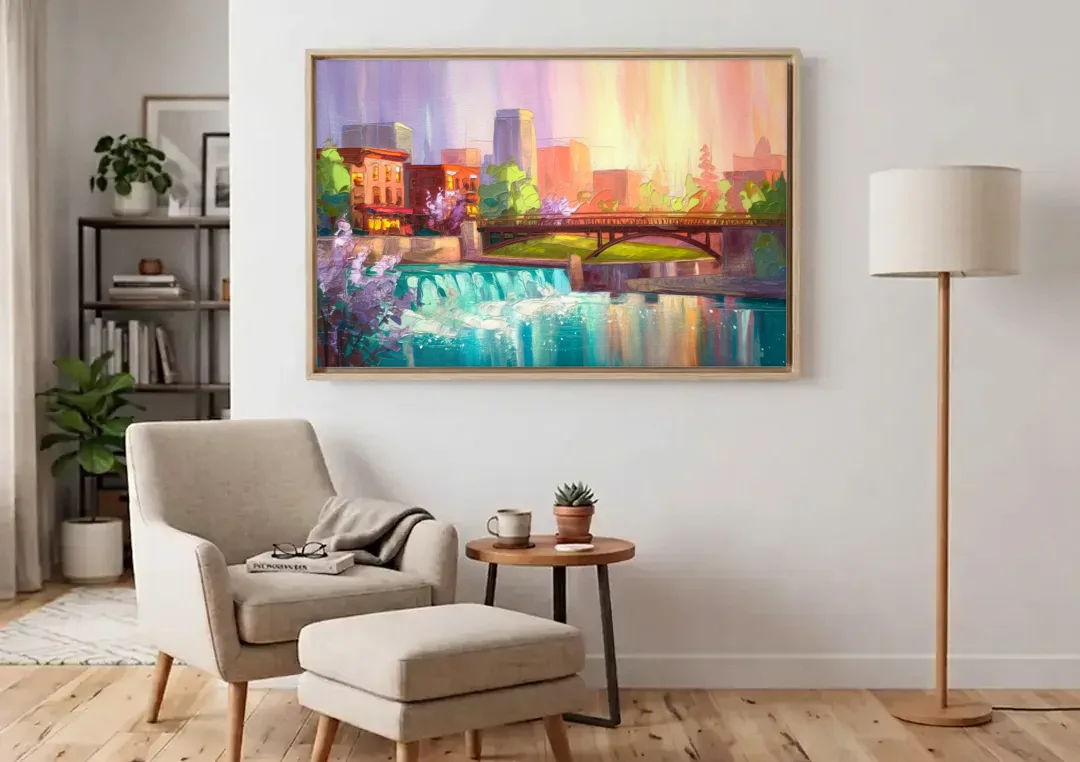 Spokane Downtown Charm canvas wall art above an armchair in a bright living room