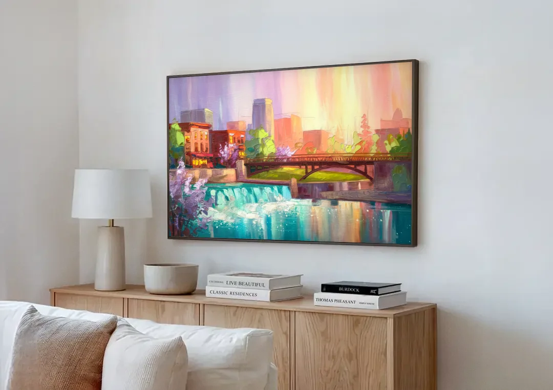 Spokane Downtown Charm canvas wall art above a wooden sideboard next to a sofa