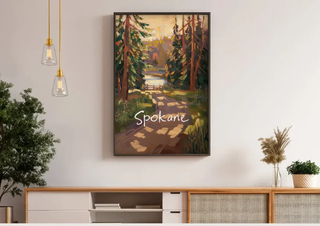 Spokane Nature Trails canvas wall art above a wooden sideboard under pendant lights