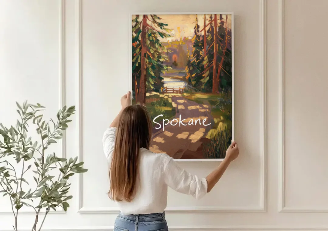 Spokane Nature Trails canvas wall art being hung on a paneled wall