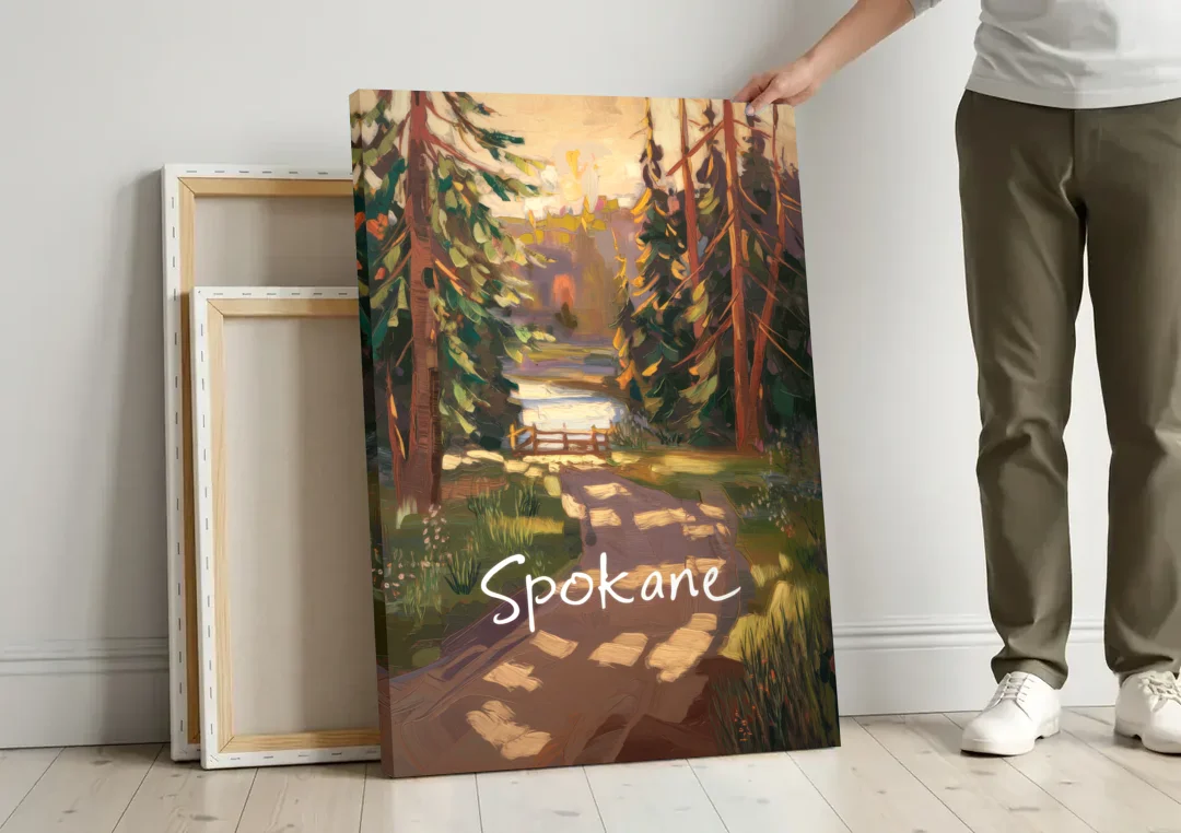Spokane Nature Trails canvas wall art leaning against a wall next to blank canvases
