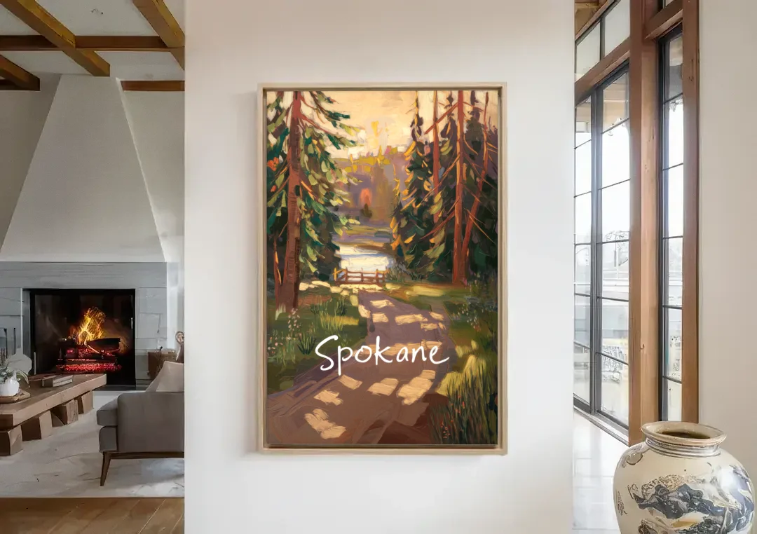 Spokane Nature Trails canvas wall art in a living room with a fireplace