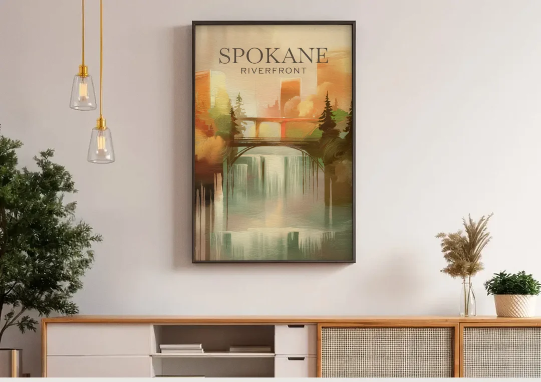 Spokane Riverfront Views canvas wall art above a wooden sideboard under pendant lights