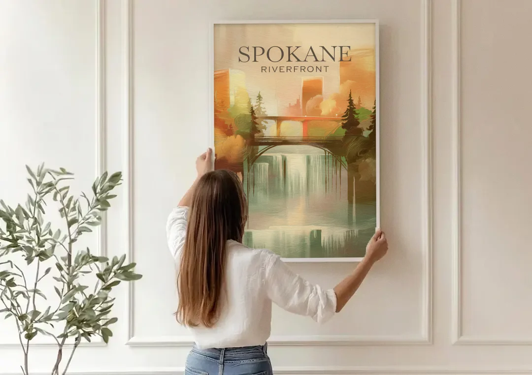 Spokane Riverfront Views canvas wall art being hung on a paneled wall