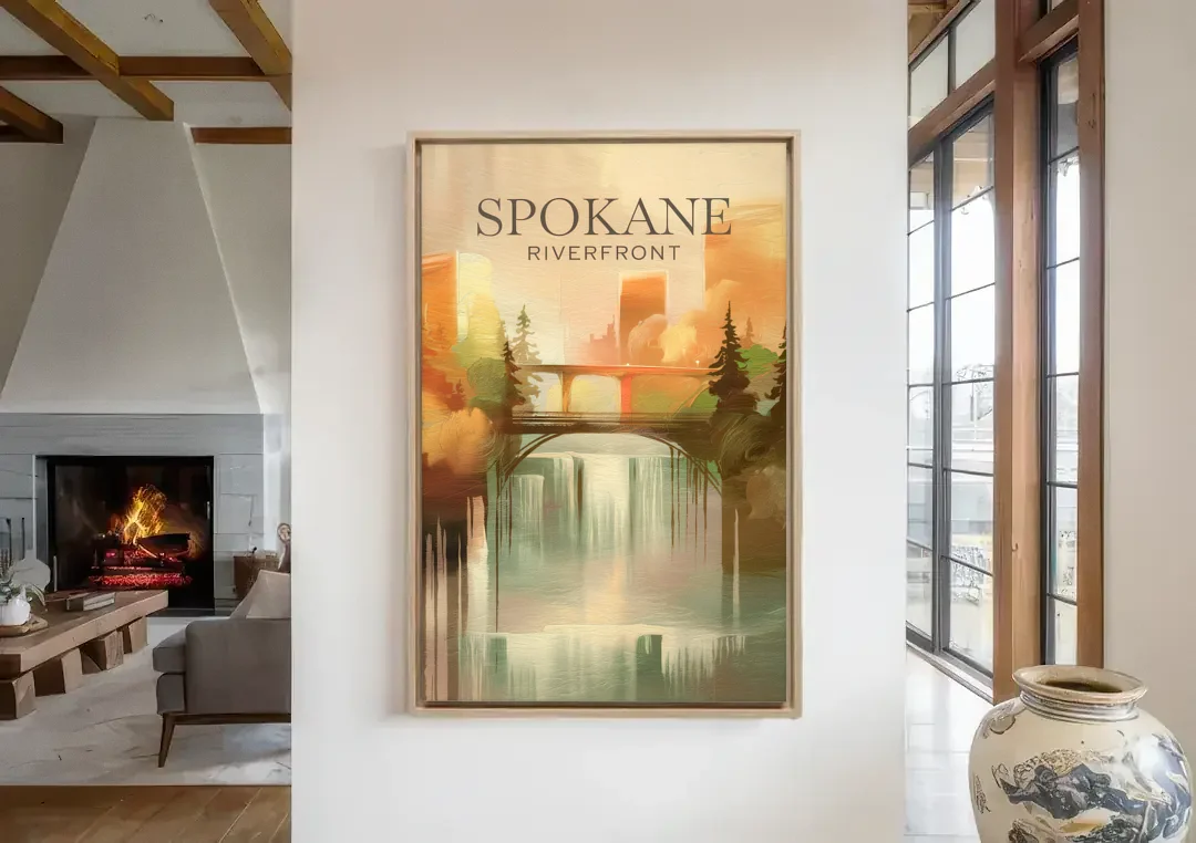 Spokane Riverfront Views canvas wall art in a living room with a fireplace