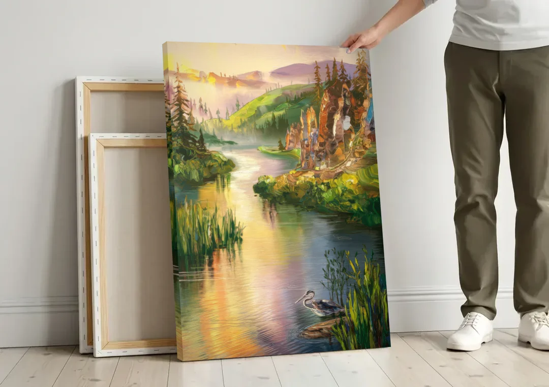 Spokane Scenic River canvas wall art leaning against a wall next to blank canvases